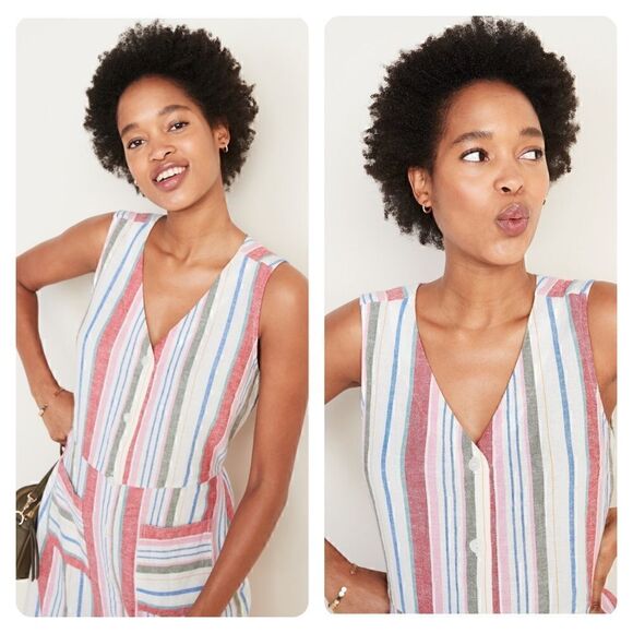 Old Navy Size Medium Linen Blend Sleeveless Striped Midi Dress Pockets - Picture 2 of 12